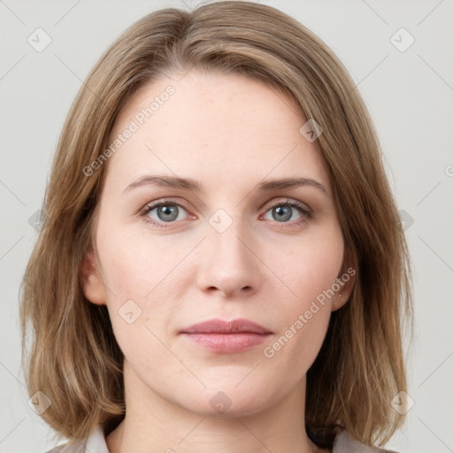 Neutral white young-adult female with medium  brown hair and grey eyes