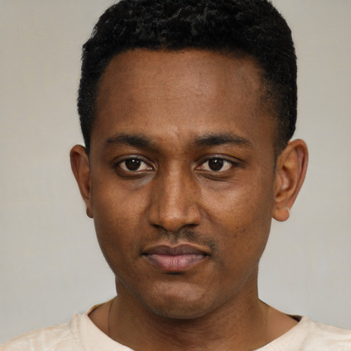 Neutral black young-adult male with short  black hair and brown eyes