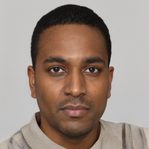 Neutral black young-adult male with short  black hair and brown eyes