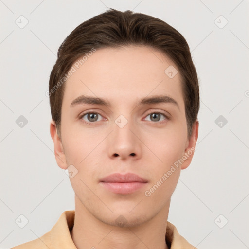 Neutral white young-adult male with short  brown hair and grey eyes