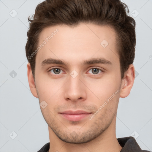 Neutral white young-adult male with short  brown hair and brown eyes