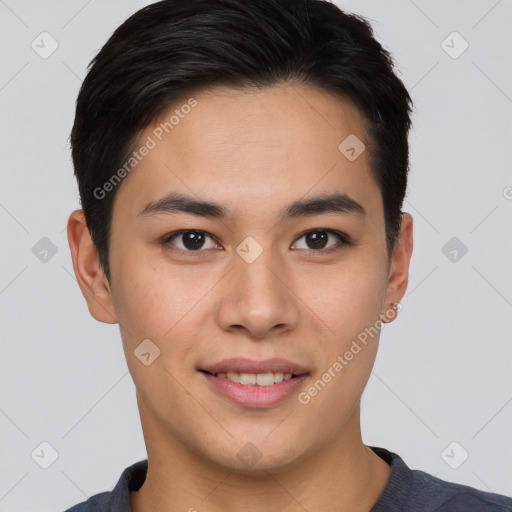 Joyful asian young-adult male with short  brown hair and brown eyes