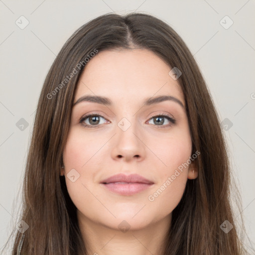 Neutral white young-adult female with long  brown hair and brown eyes