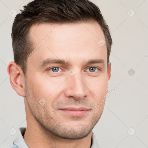 Neutral white young-adult male with short  brown hair and grey eyes