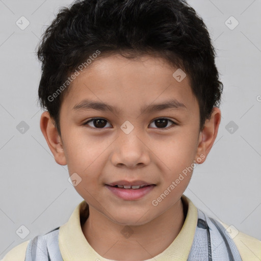 Joyful white child male with short  brown hair and brown eyes