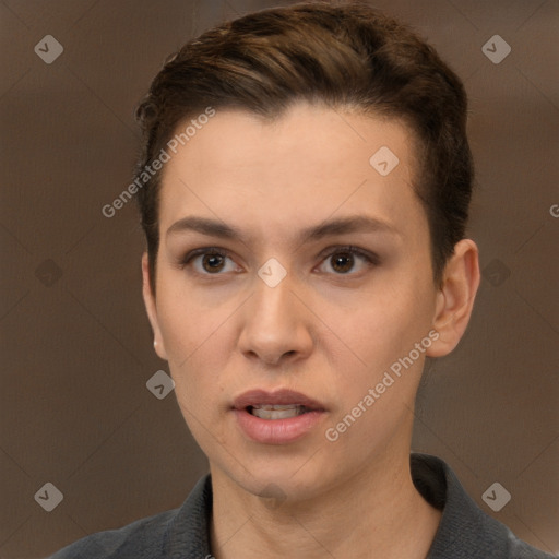 Neutral white young-adult female with short  brown hair and brown eyes