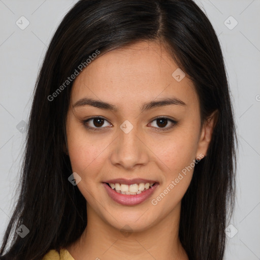 Joyful asian young-adult female with long  brown hair and brown eyes