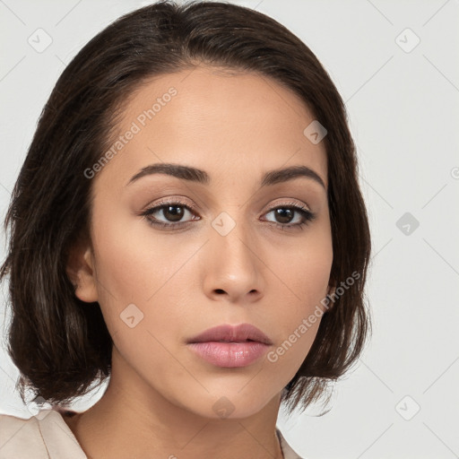 Neutral white young-adult female with medium  brown hair and brown eyes