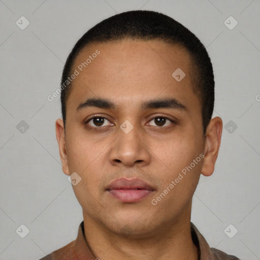 Neutral latino young-adult male with short  brown hair and brown eyes