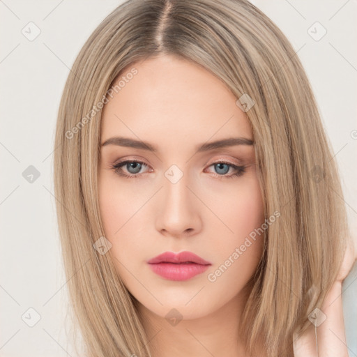 Neutral white young-adult female with long  brown hair and brown eyes