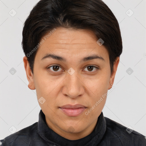 Joyful white adult female with short  brown hair and brown eyes