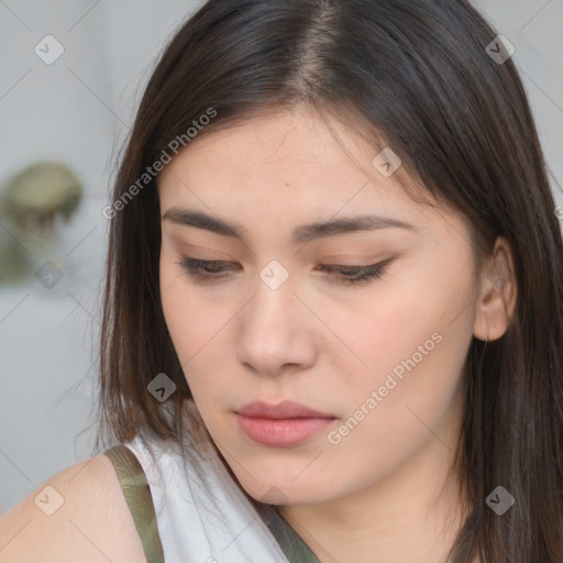 Neutral white young-adult female with medium  brown hair and brown eyes