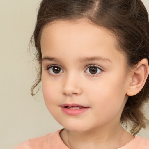 Joyful white child female with medium  brown hair and brown eyes