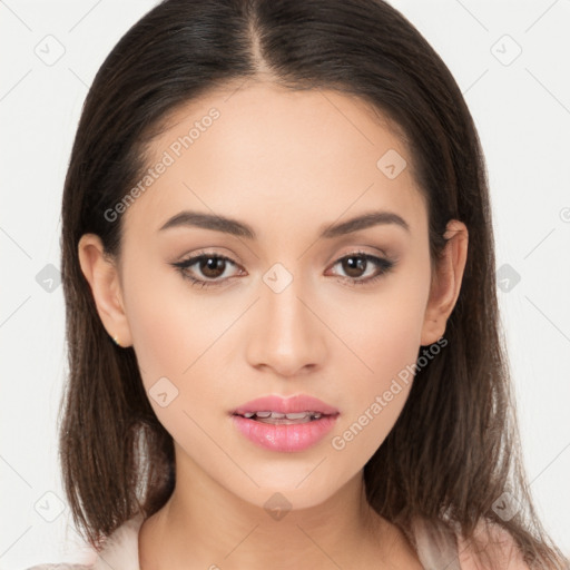 Neutral white young-adult female with long  brown hair and brown eyes