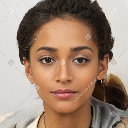 Neutral white young-adult female with short  brown hair and brown eyes