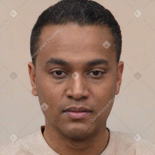 Neutral latino young-adult male with short  black hair and brown eyes