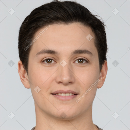 Joyful white young-adult male with short  brown hair and brown eyes