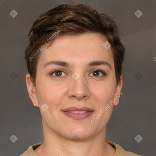 Joyful white young-adult female with short  brown hair and grey eyes