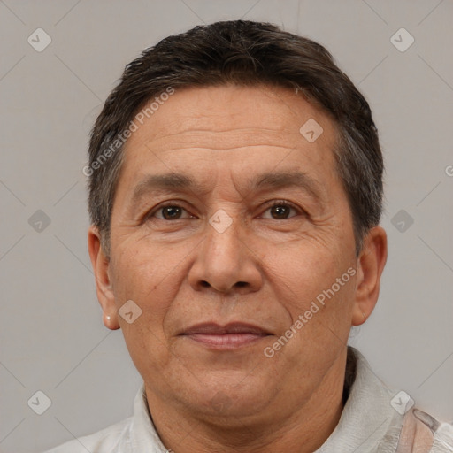 Joyful white middle-aged male with short  brown hair and brown eyes