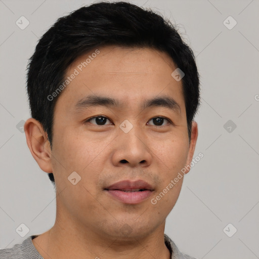 Neutral asian young-adult male with short  black hair and brown eyes