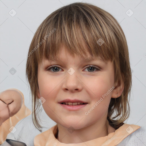 Joyful white child female with medium  brown hair and grey eyes