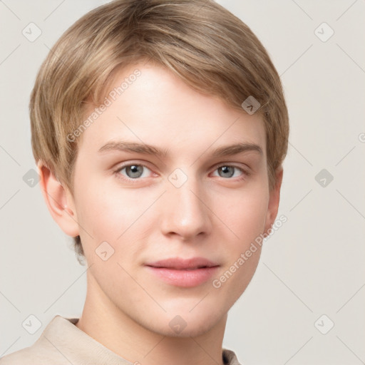 Neutral white young-adult male with short  brown hair and grey eyes