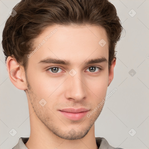 Neutral white young-adult male with short  brown hair and grey eyes