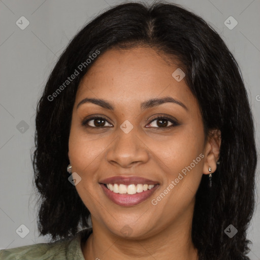 Joyful latino young-adult female with long  brown hair and brown eyes