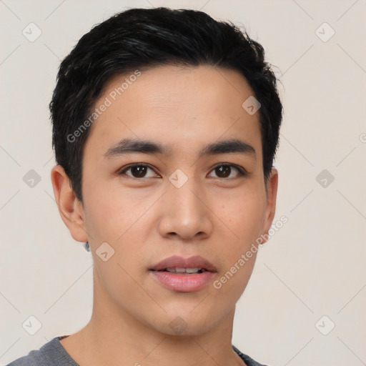 Neutral asian young-adult male with short  black hair and brown eyes