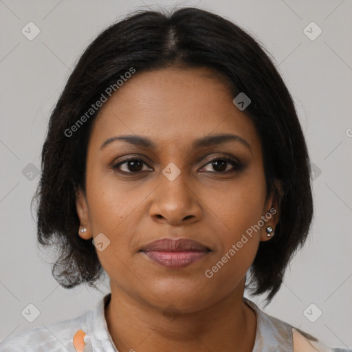 Joyful black young-adult female with medium  brown hair and brown eyes