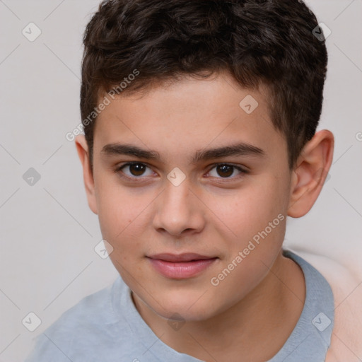 Joyful white child male with short  brown hair and brown eyes