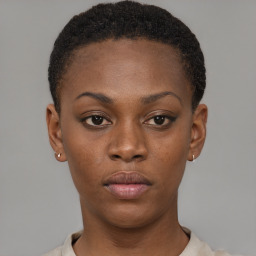 Neutral black young-adult female with short  brown hair and brown eyes