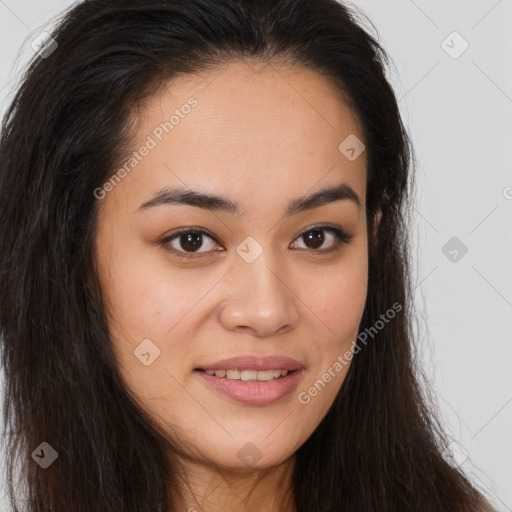 Joyful white young-adult female with long  brown hair and brown eyes