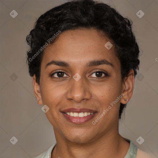 Joyful white young-adult female with short  brown hair and brown eyes