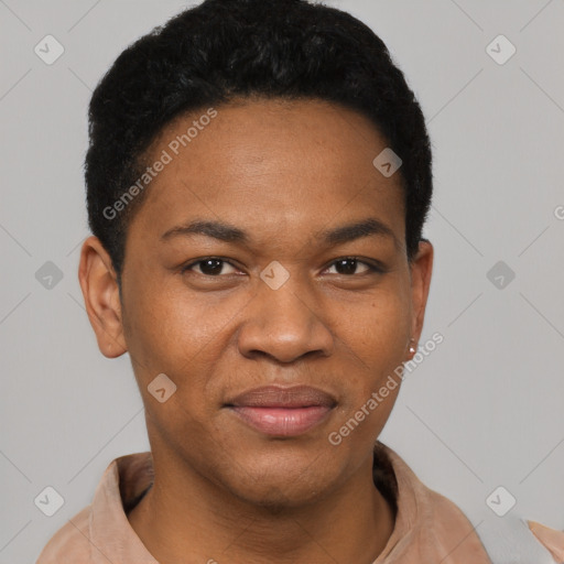Joyful black young-adult female with short  black hair and brown eyes