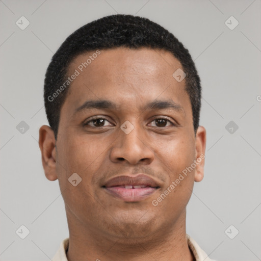 Neutral latino young-adult male with short  brown hair and brown eyes