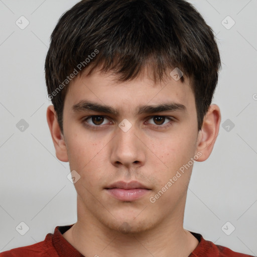 Neutral white young-adult male with short  brown hair and brown eyes