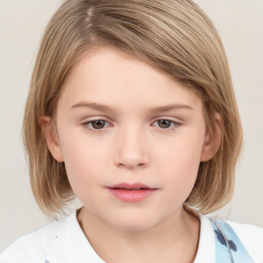 Neutral white child female with medium  brown hair and grey eyes