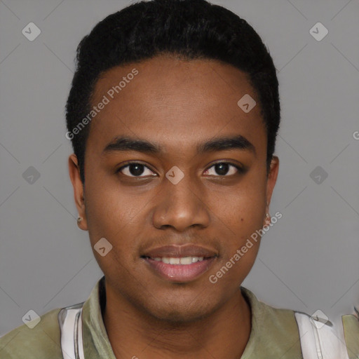 Joyful black young-adult male with short  black hair and brown eyes