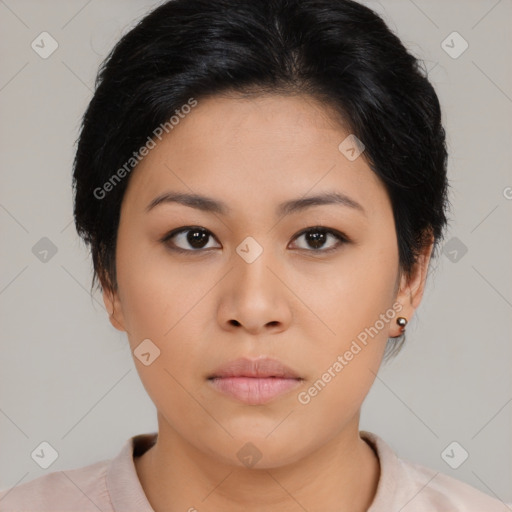 Neutral asian young-adult female with medium  black hair and brown eyes