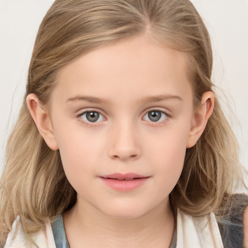 Neutral white child female with medium  brown hair and grey eyes