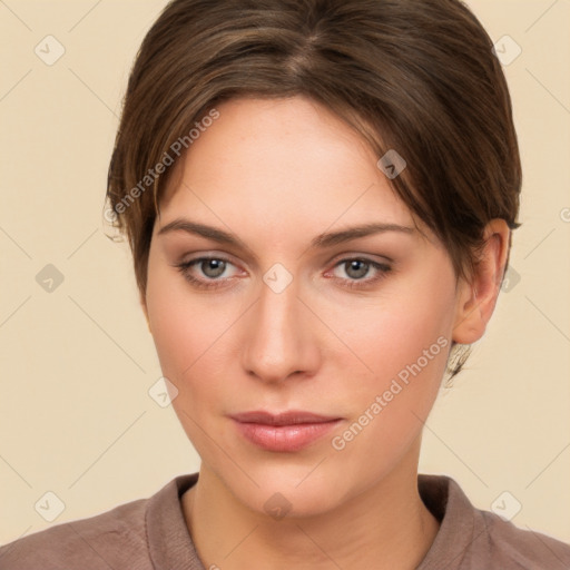 Neutral white young-adult female with short  brown hair and brown eyes