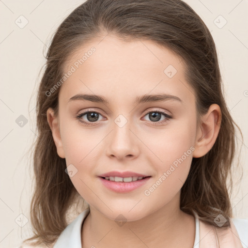 Joyful white child female with medium  brown hair and brown eyes