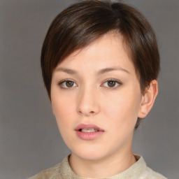 Neutral white young-adult female with short  brown hair and brown eyes