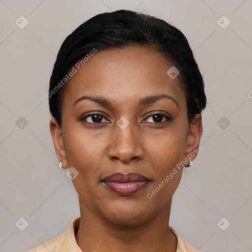 Joyful latino young-adult female with short  black hair and brown eyes