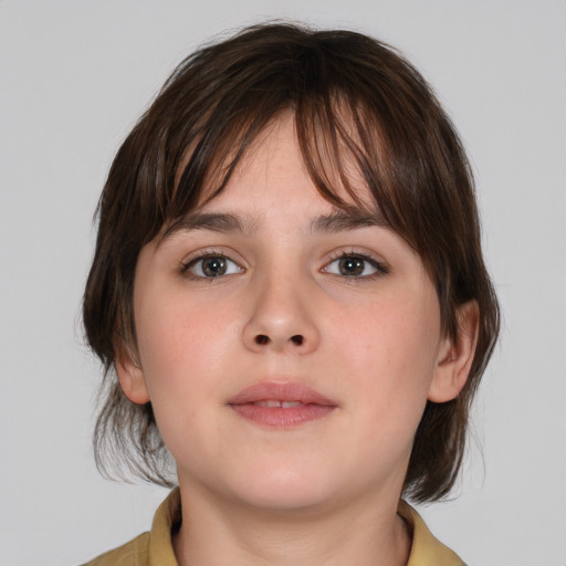 Neutral white young-adult female with medium  brown hair and brown eyes