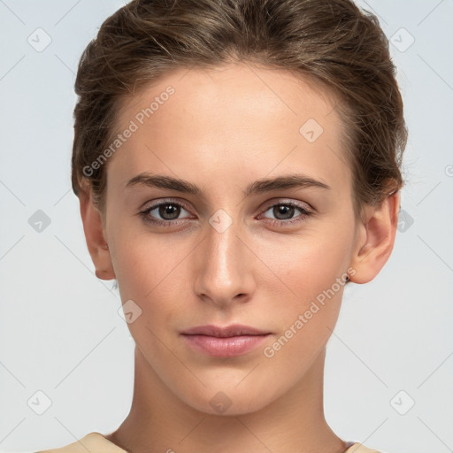 Neutral white young-adult female with short  brown hair and brown eyes