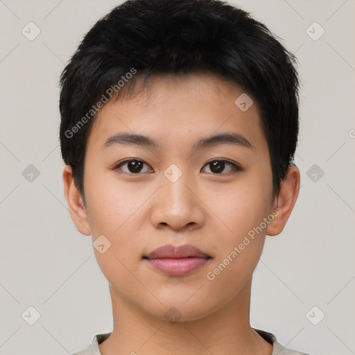 Neutral asian young-adult male with short  black hair and brown eyes