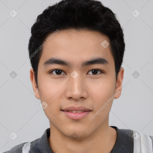 Neutral asian young-adult male with short  black hair and brown eyes