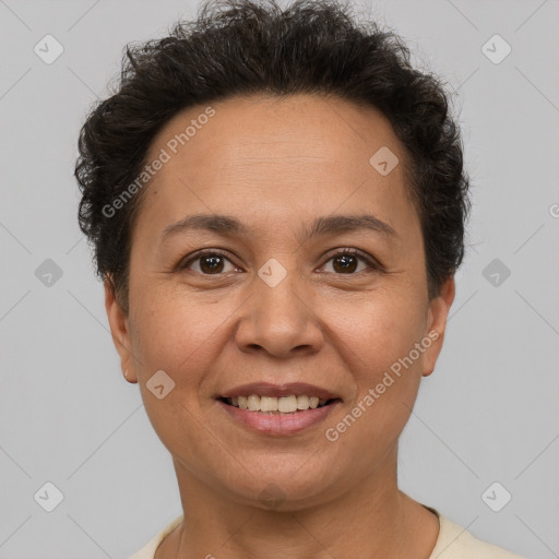 Joyful white adult female with short  brown hair and brown eyes